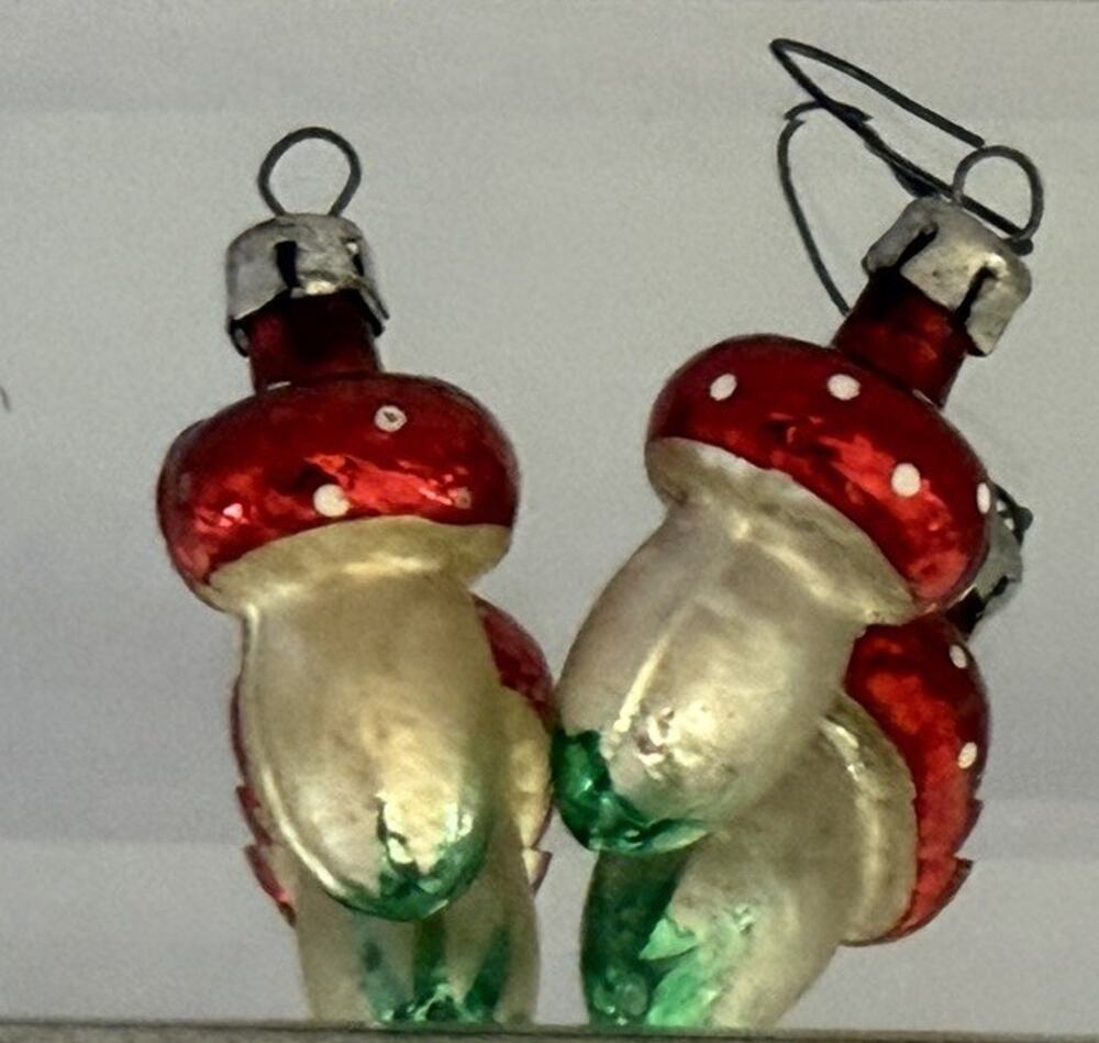 Lot of 2 Twin Mushroom Blown Glass Mini Ornament Red Toadstool German Rare Vtg
